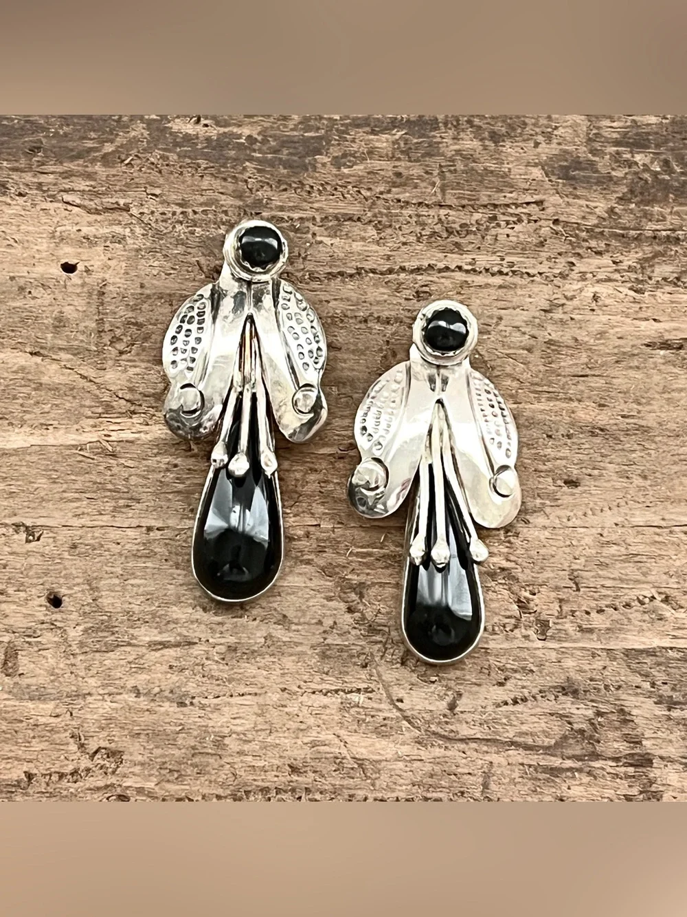 Vintage Taxco Sterling Silver Black Onyx Jacket Earrings 2 in 1 Convertible - Picture 5 of 10